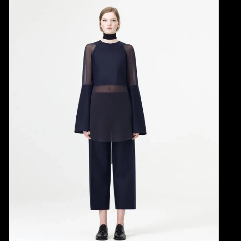 COS Silk Chiffon Top with Bonded Wool Panels in Navy - Picture 4 of 10